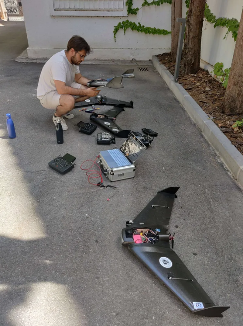 Diego performing flight checks on our fleet of Sonic fixed-wing drones before heading out to fly
